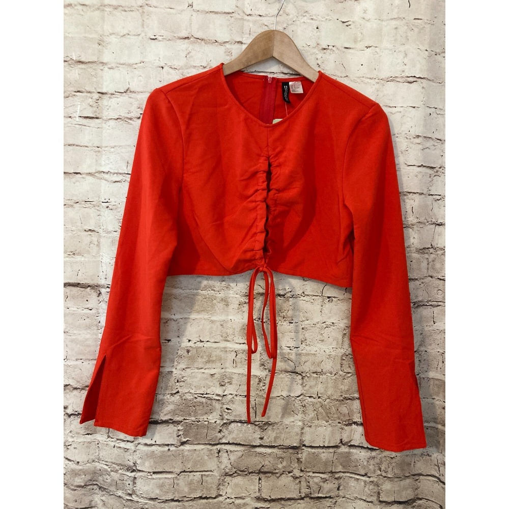 HM‎ Divided Red Ruched Front Crop Top Long Sleeve Split Cuff Sz L New With Tags